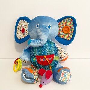 Eric Carle Blue Elephant Activity Plush Button Zip Mirror Teether Chime Toy
